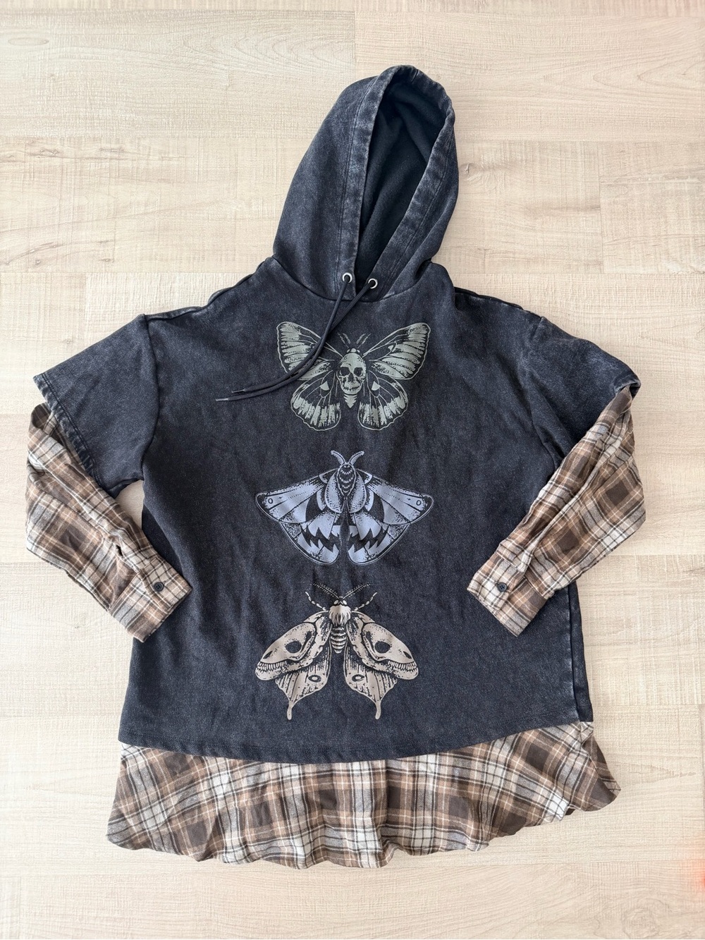 Thorn & Fable Layered Death Moth Hoodie Plaid Whimsigoth Fairy Grunge Small